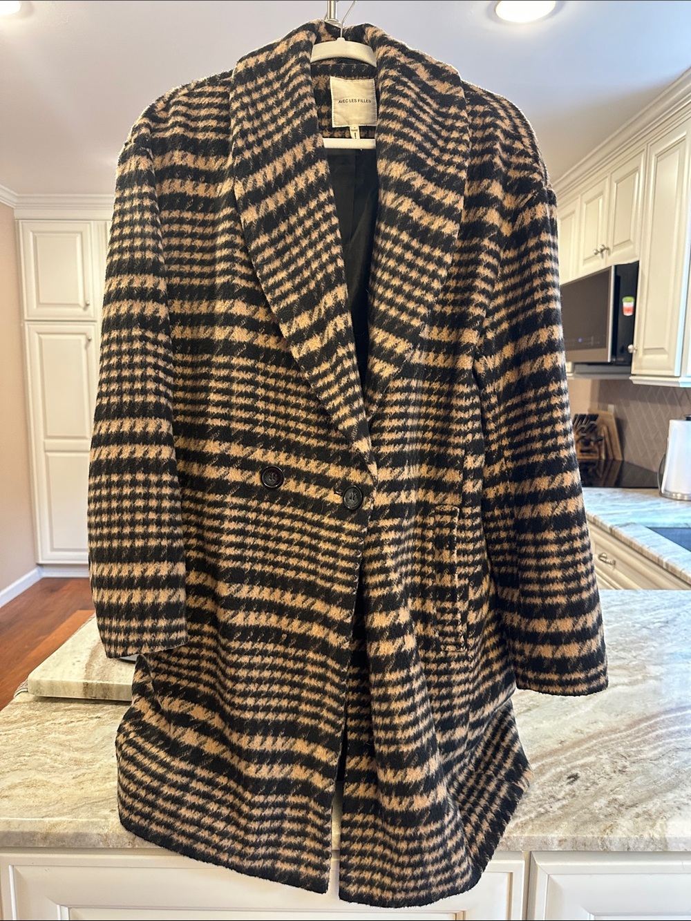 Avec Les Filles Womens Black and Tan Plaid Double-Breasted Coat